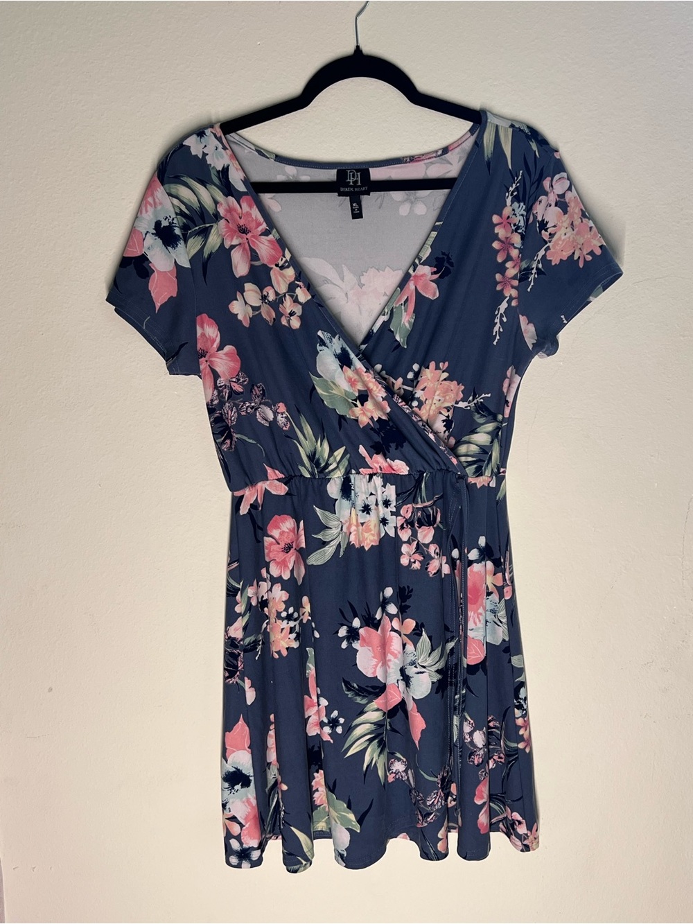 Derek Heart Floral Faux Wrap Short Sleeve Dress in Blue